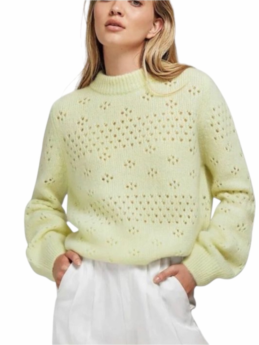 Anine Bing Candice Pointelle Knit Alpaca Wool Blend Butter Yellow Sweater Med